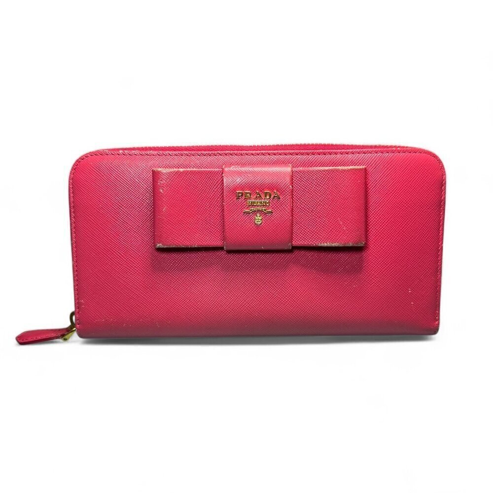 Prada Saffiano Leather Continental Zip Wallet with Bow - Peonia/Pink